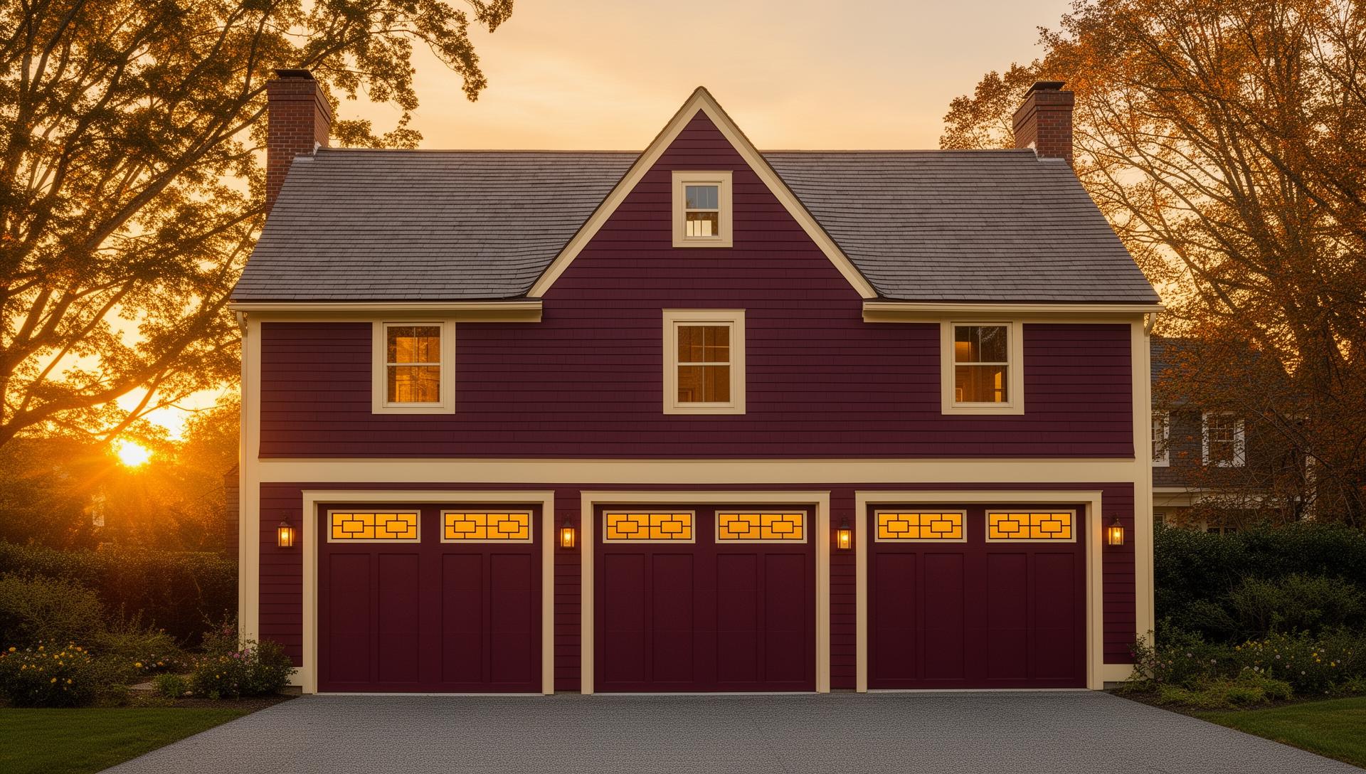 Beautiful New England colonial home with mid-century modern garage doors featuring geometric window patterns at golden hour sunset